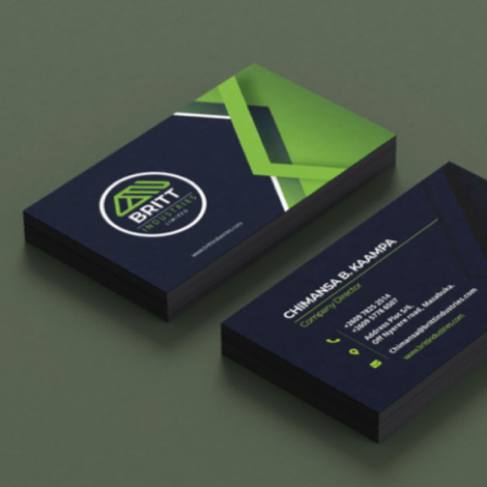 Britt Industries: Identity and stationery in navy and industrial green.