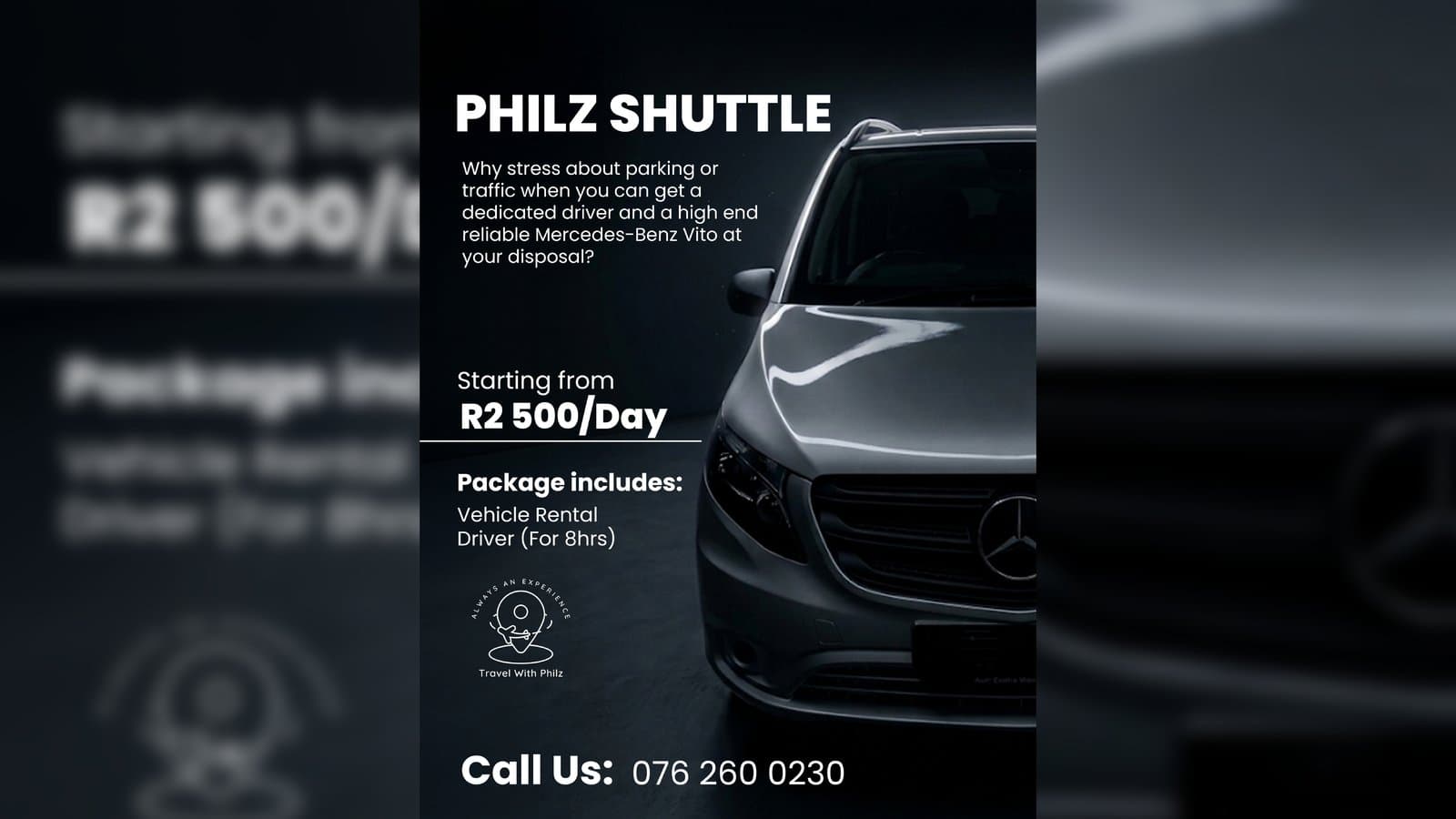 Travel With Philz: Premium shuttle-hire flyers with a moody automotive edge.