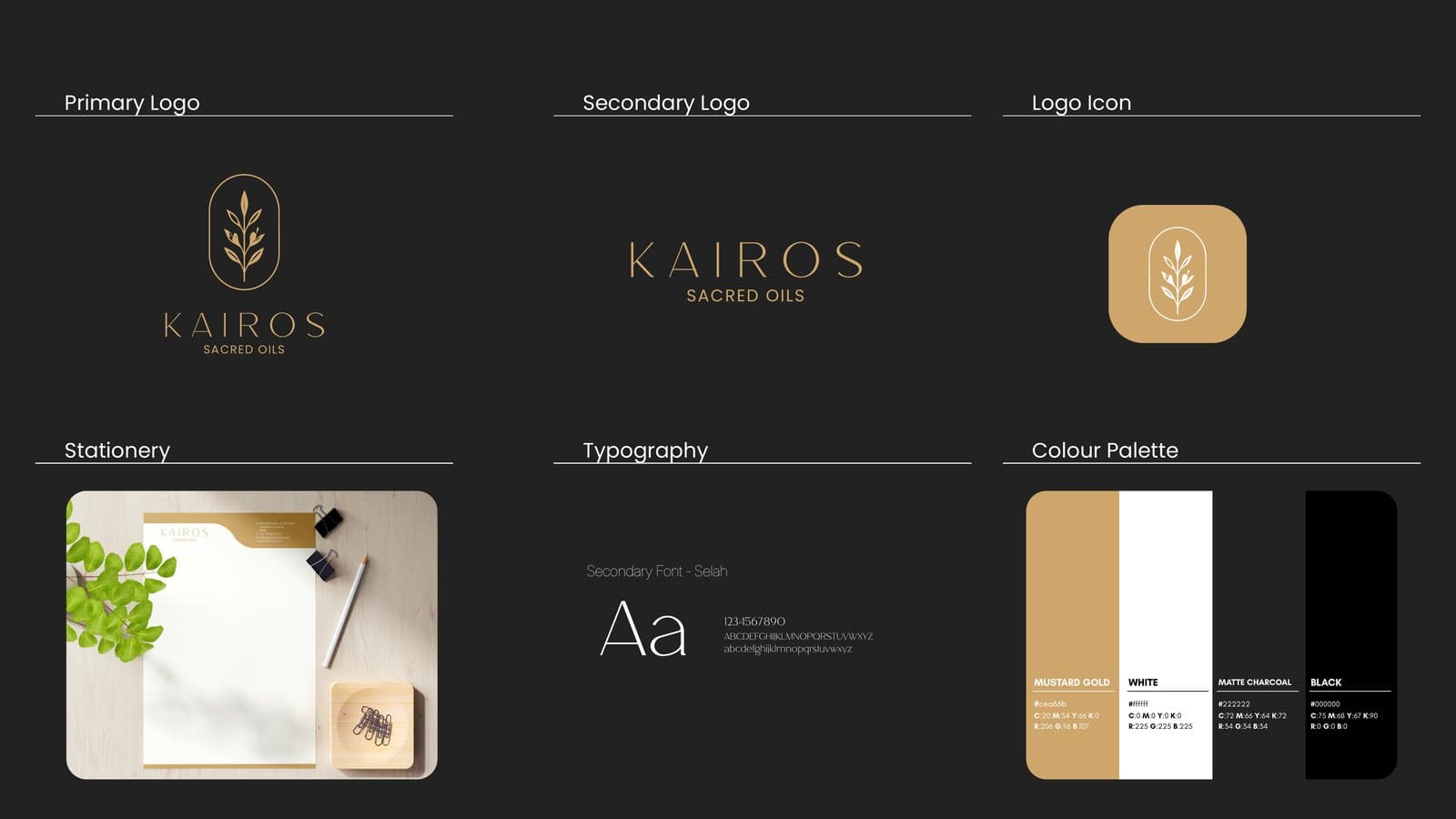 Kairos brand identity board on charcoal